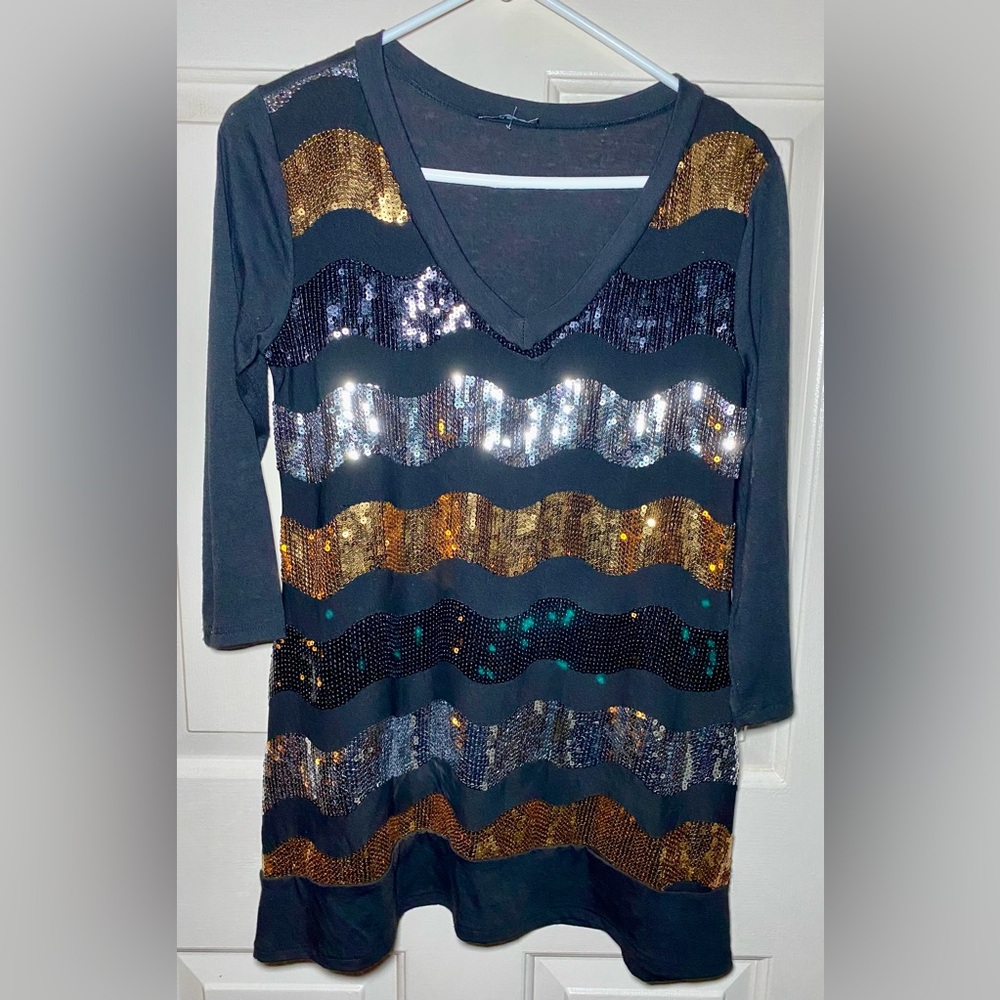 Women's Poly/Rayon‎ Silver Black Elegant Sequin Dressy Top Blouse L